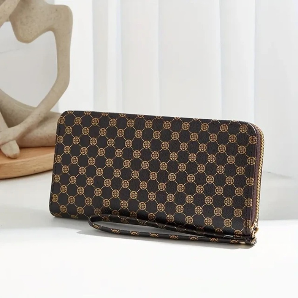 NEW Luxury Inspired Zip-Around Brown Pattern Long Wallet Zipper Clutch (Coffee)